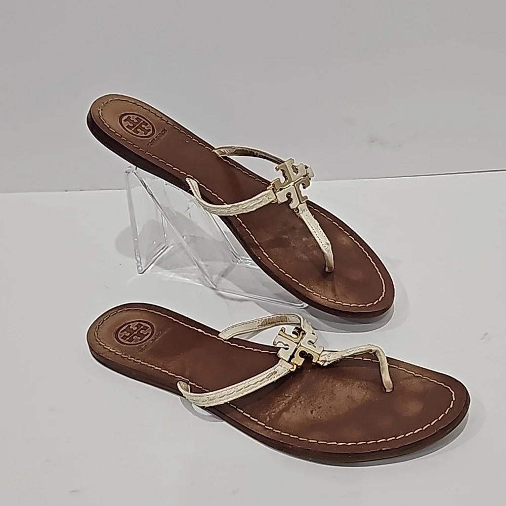 Tory Burch Thong Sandal Logo White Leather Size 8M flats
